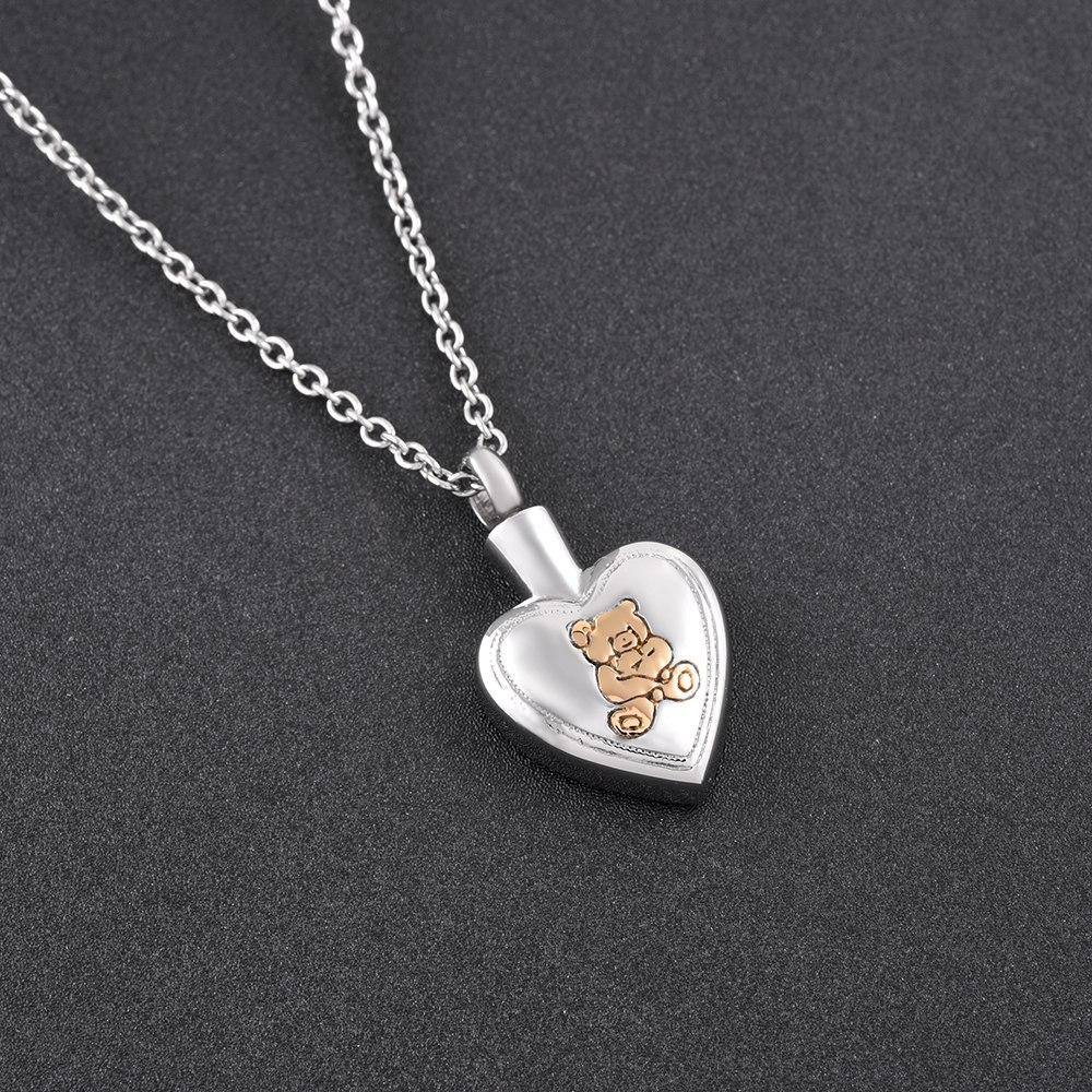 Cremation Necklace - Golden Cute Teddy Bear & Heart Cremation Urn Necklace