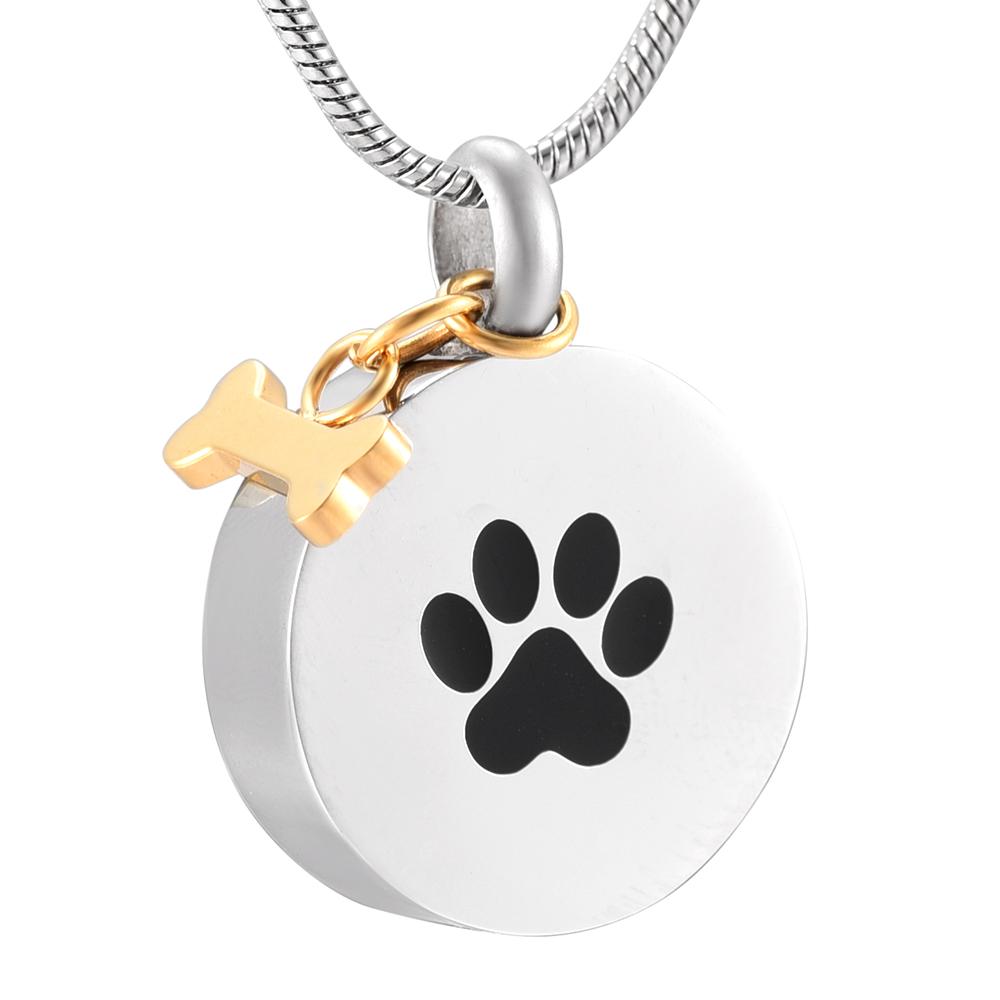 Cremation Necklace - Golden Dog Bone Charm & Paw Print Cremation Urn Necklace