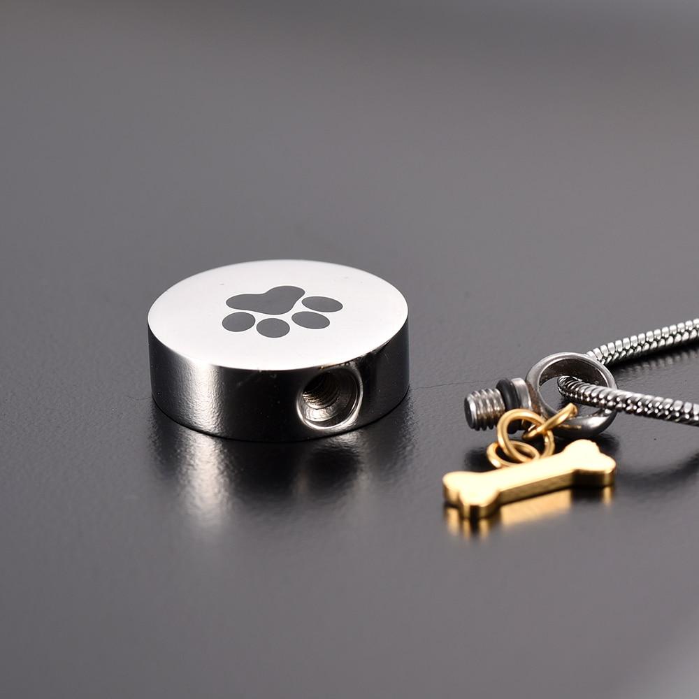 Cremation Necklace - Golden Dog Bone Charm & Paw Print Cremation Urn Necklace