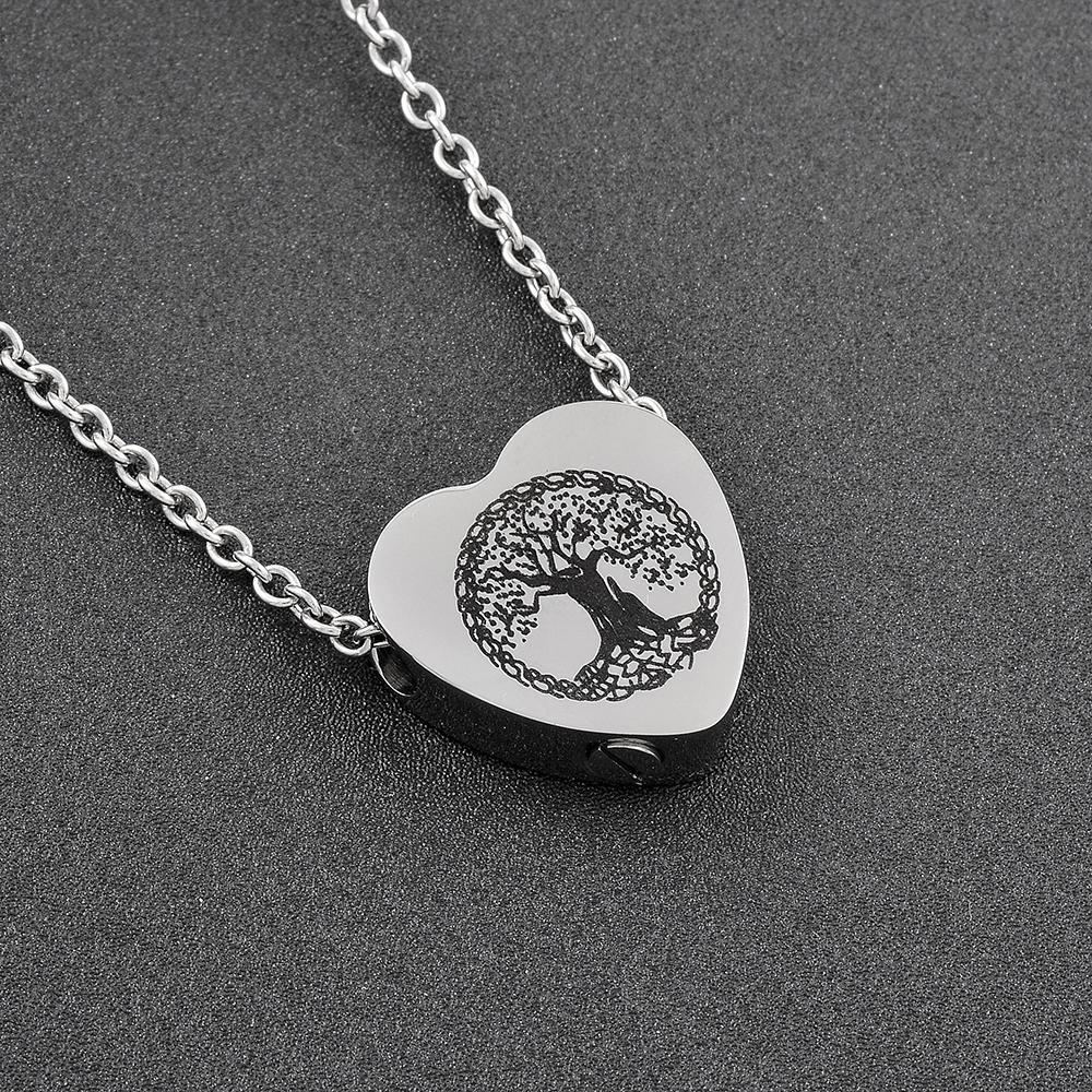 Cremation Necklace - Heart Shaped Cremation Urn Necklace With Etched Tree Of Life