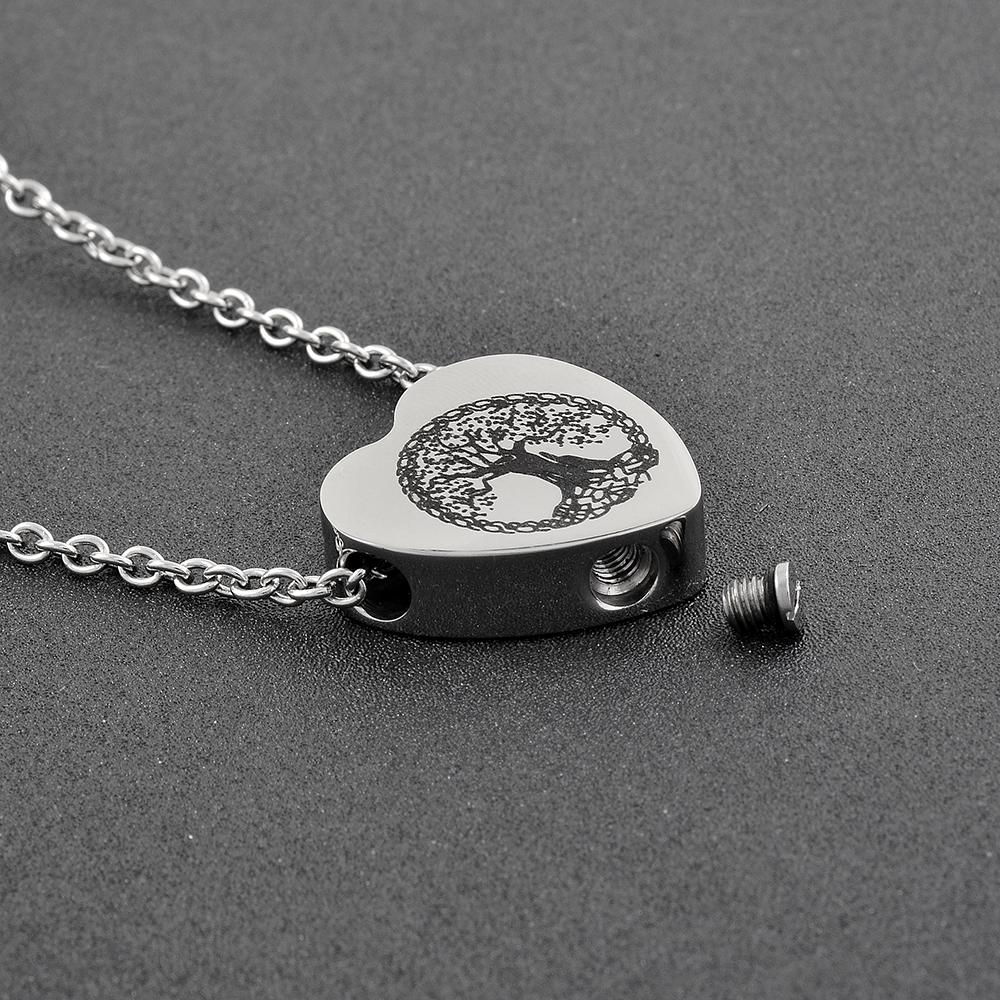 Cremation Necklace - Heart Shaped Cremation Urn Necklace With Etched Tree Of Life