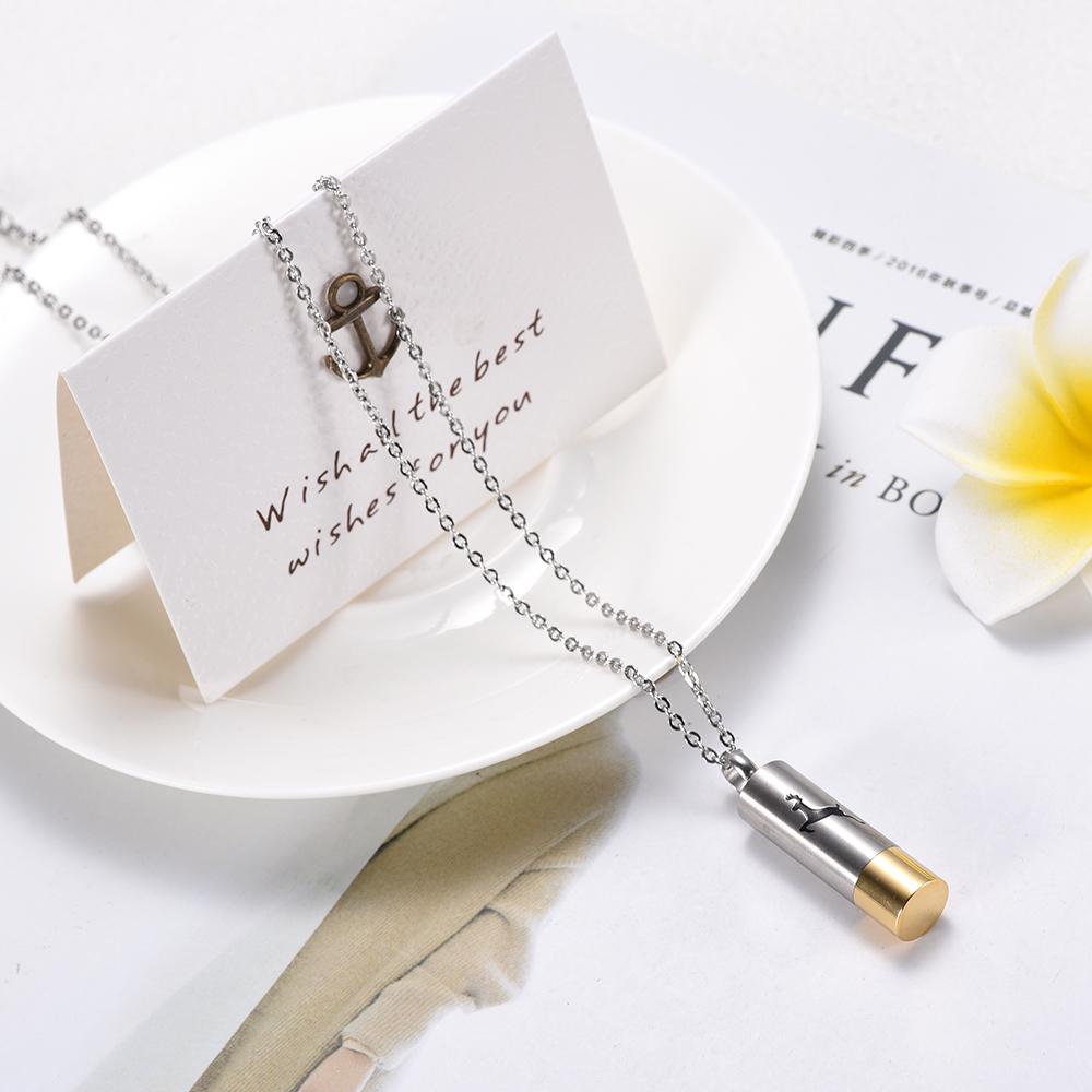 Cremation Necklace - Hunter Silver & Gold Cylinder Cremation Urn Necklace With A Deer