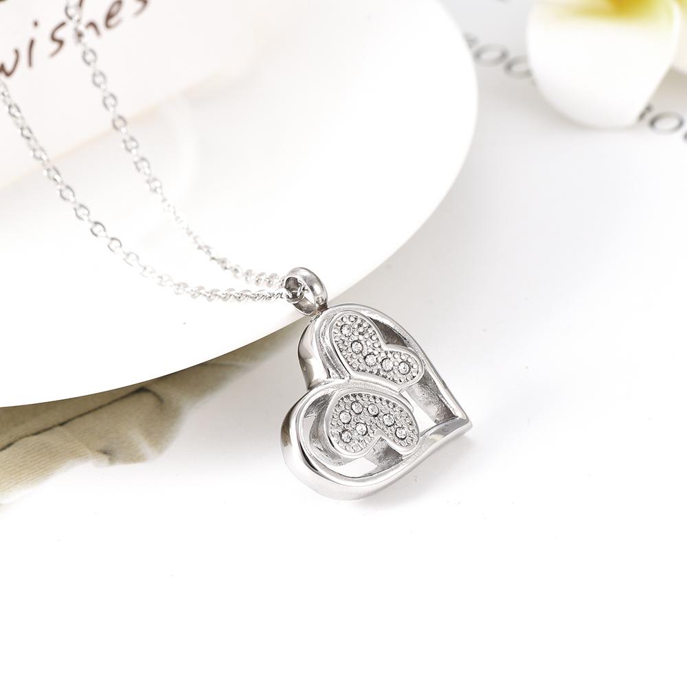 Cremation Necklace - Jeweled Butterfly In Heart Cremation Urn Necklace With Rhinestones