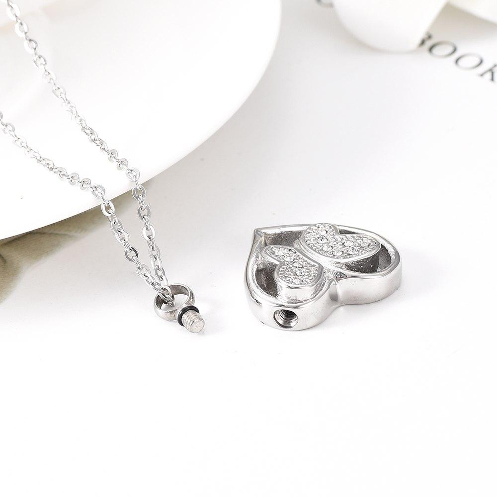 Cremation Necklace - Jeweled Butterfly In Heart Cremation Urn Necklace With Rhinestones