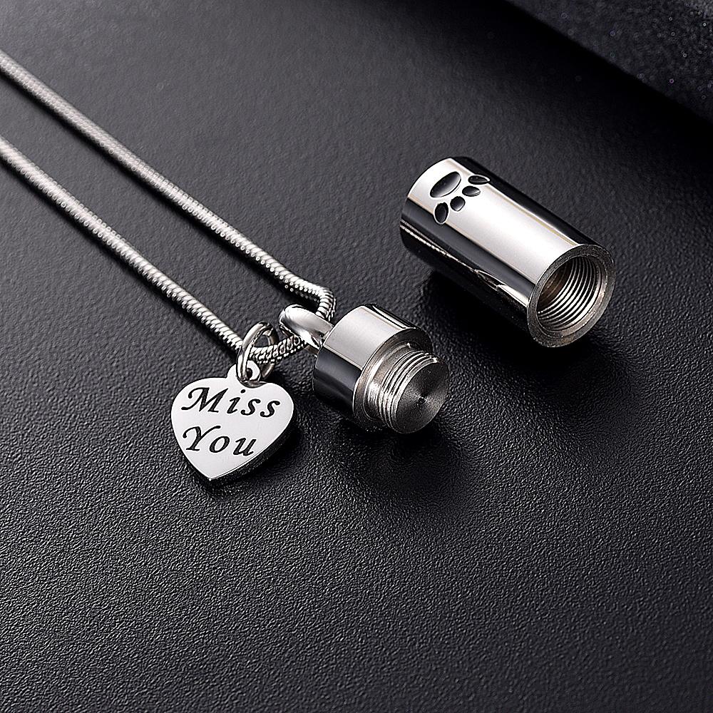 Cremation Necklace - "Miss You" Silver Cylinder Cremation Urn Necklace
