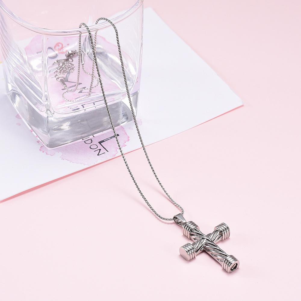 Cremation Necklace - Modern Silver Cross Cremation Urn Necklace
