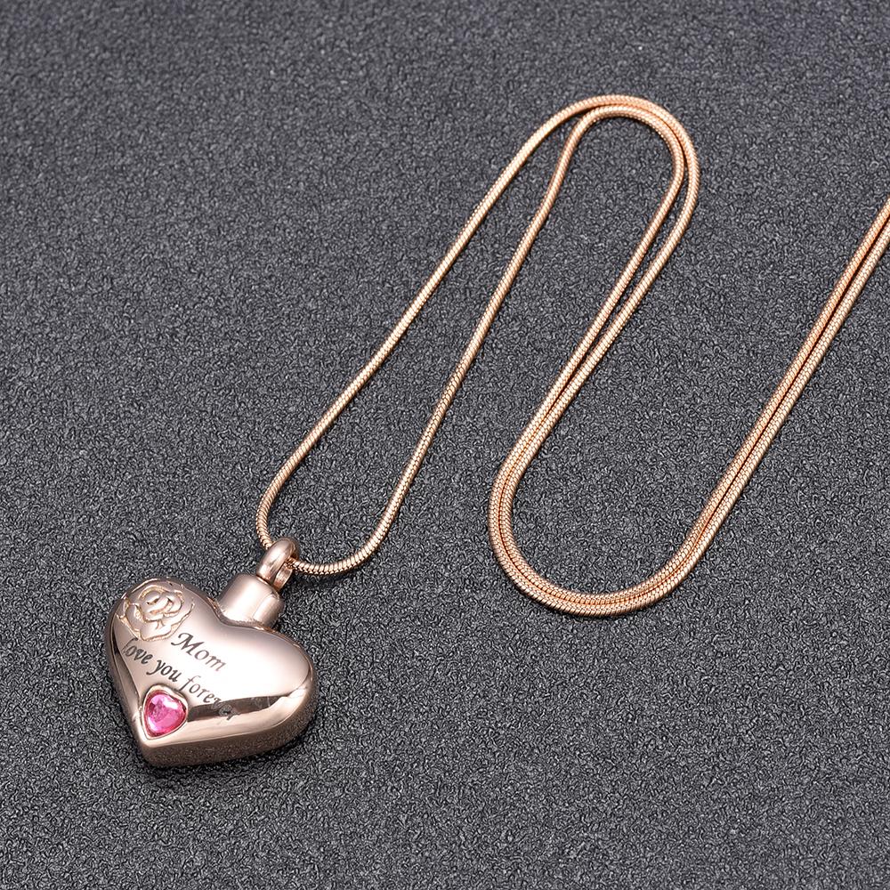 Cremation Necklace - "Mom, Love You Forever" Heart Shaped Cremation Urn Necklace With Rhinestone