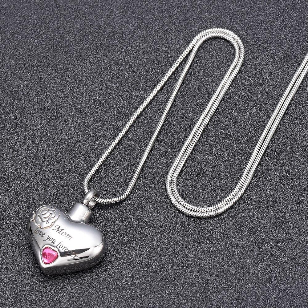 Cremation Necklace - "Mom, Love You Forever" Heart Shaped Cremation Urn Necklace With Rhinestone