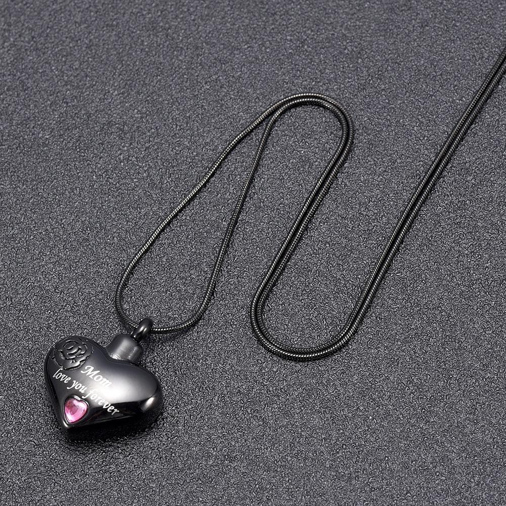 Cremation Necklace - "Mom, Love You Forever" Heart Shaped Cremation Urn Necklace With Rhinestone