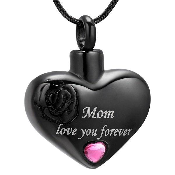 Cremation Necklace - "Mom, Love You Forever" Heart Shaped Cremation Urn Necklace With Rhinestone