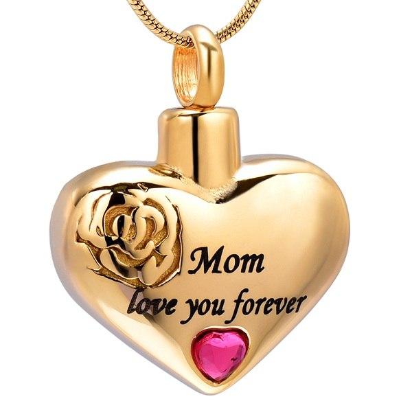 Cremation Necklace - "Mom, Love You Forever" Heart Shaped Cremation Urn Necklace With Rhinestone
