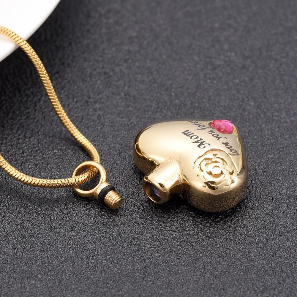 Cremation Necklace - "Mom, Love You Forever" Heart Shaped Cremation Urn Necklace With Rhinestone