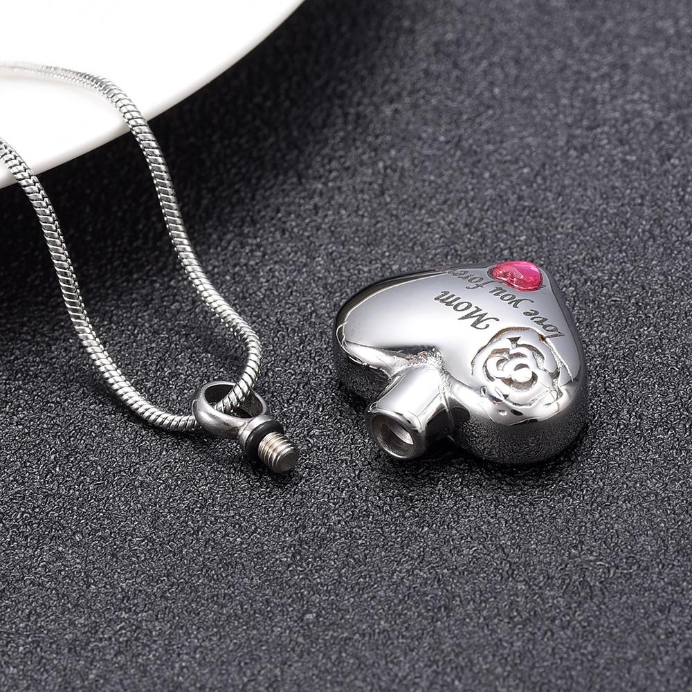 Cremation Necklace - "Mom, Love You Forever" Heart Shaped Cremation Urn Necklace With Rhinestone