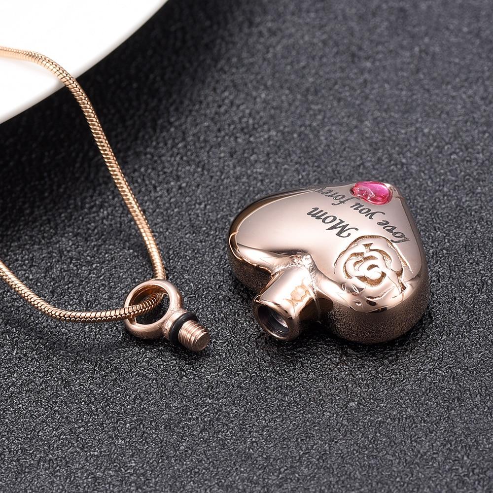 Cremation Necklace - "Mom, Love You Forever" Heart Shaped Cremation Urn Necklace With Rhinestone