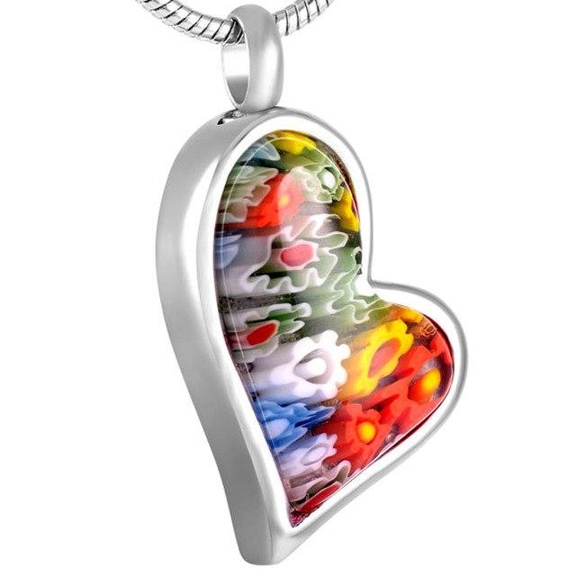 Cremation Necklace - Multi-Color Murano Glass Heart Shaped Floral Cremation Urn Necklace