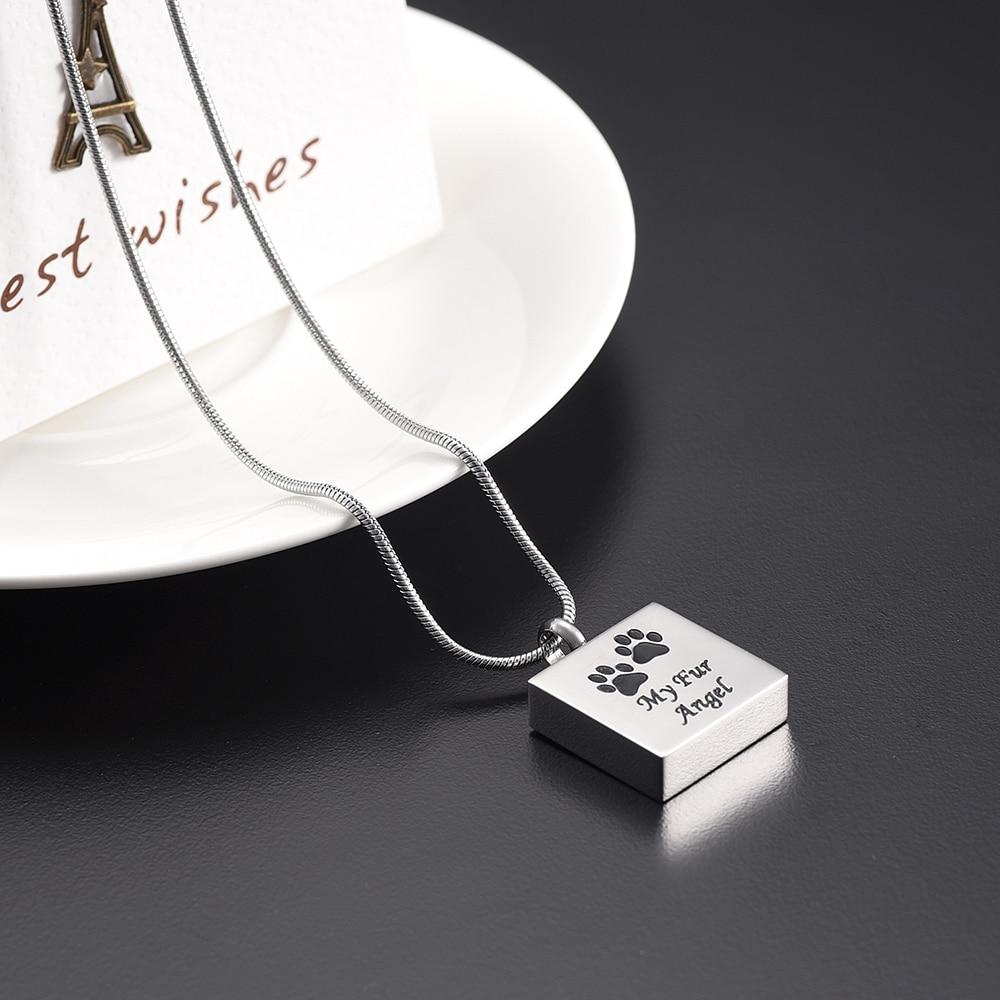 Cremation Necklace - "My Fur Angel" Modern Square Cremation Urn Necklace With Paw Prints