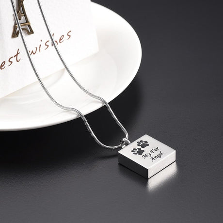Cremation Necklace - "My Fur Angel" Modern Square Cremation Urn Necklace With Paw Prints