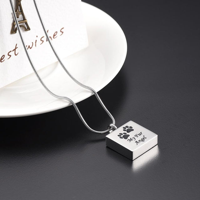 Cremation Necklace - "My Fur Angel" Modern Square Cremation Urn Necklace With Paw Prints