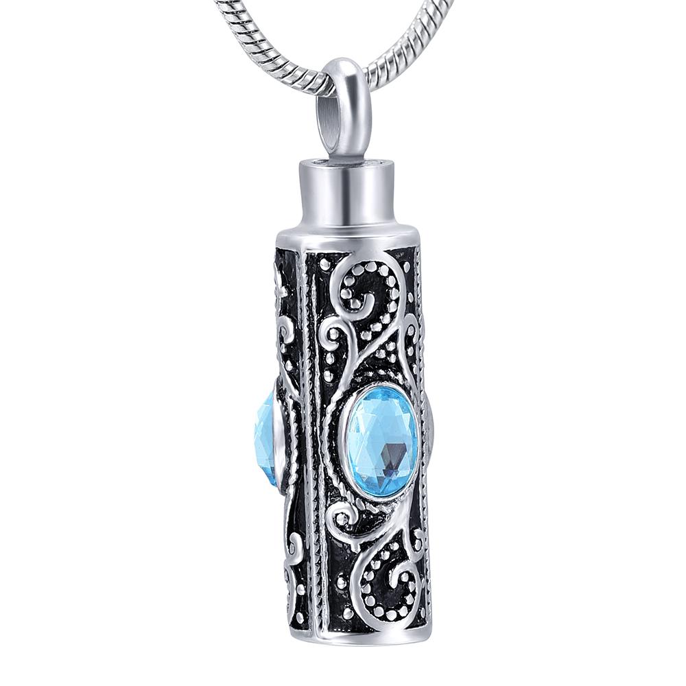 Cremation Necklace - Ornate Cremation Urn Necklace Cylinder With Gemstones