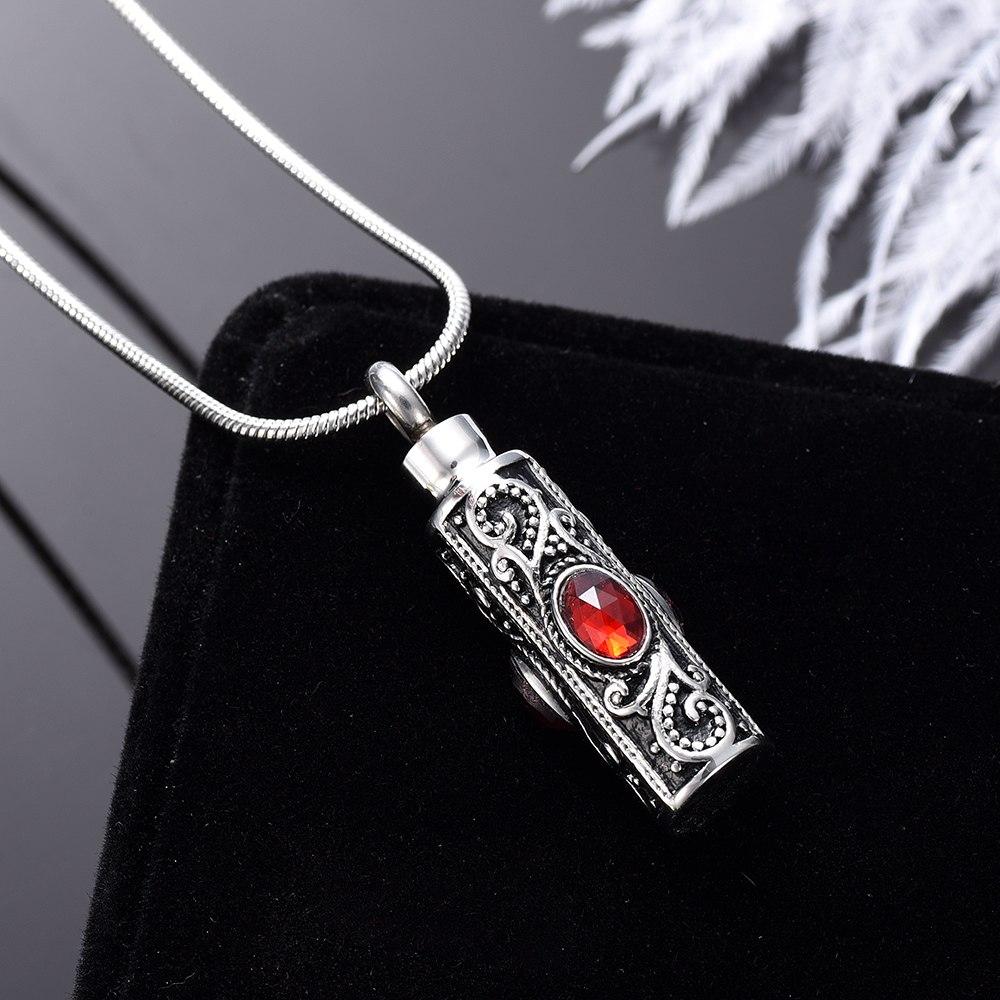 Cremation Necklace - Ornate Cremation Urn Necklace Cylinder With Gemstones