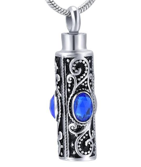 Cremation Necklace - Ornate Cremation Urn Necklace Cylinder With Gemstones