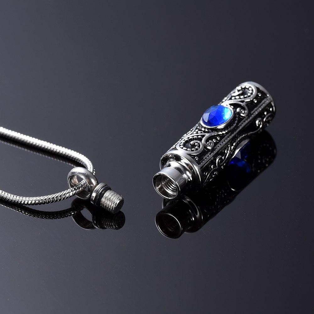 Cremation Necklace - Ornate Cremation Urn Necklace Cylinder With Gemstones
