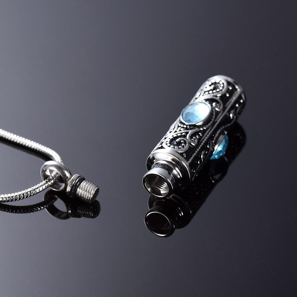 Cremation Necklace - Ornate Cremation Urn Necklace Cylinder With Gemstones