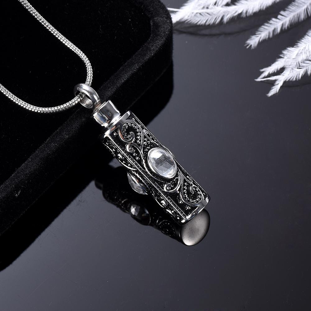 Cremation Necklace - Ornate Cremation Urn Necklace Cylinder With Gemstones