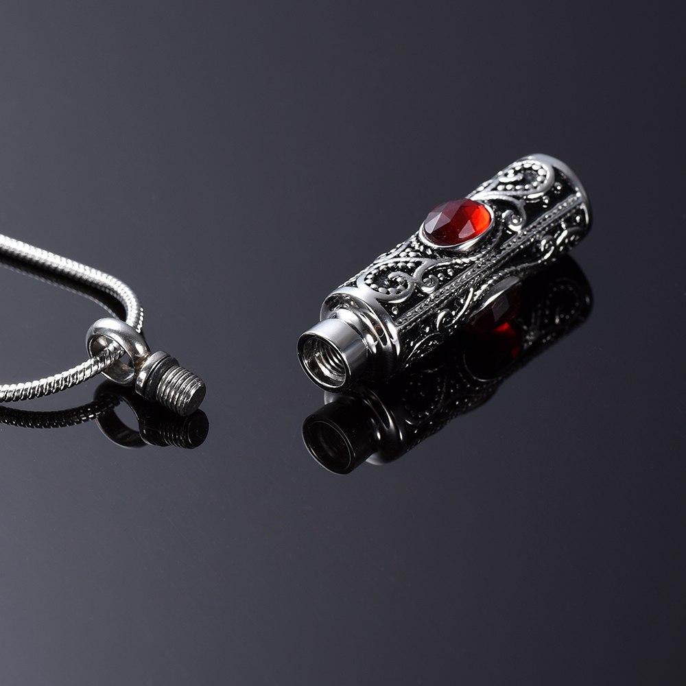 Cremation Necklace - Ornate Cremation Urn Necklace Cylinder With Gemstones
