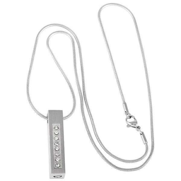 Cremation Necklace - Polished Silver Column With Rhinestones Cremation Urn Necklace