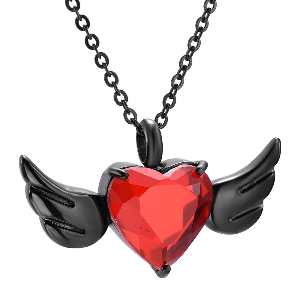 Cremation Necklace - Red Crystal Heart & Angel Wing Cremation Urn Necklace