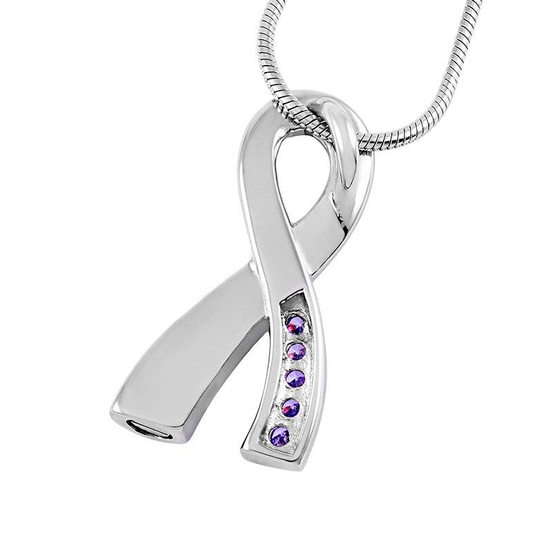 Cremation Necklace - Silver Cancer Ribbon Purple Rhinestone Cremation Urn Necklace