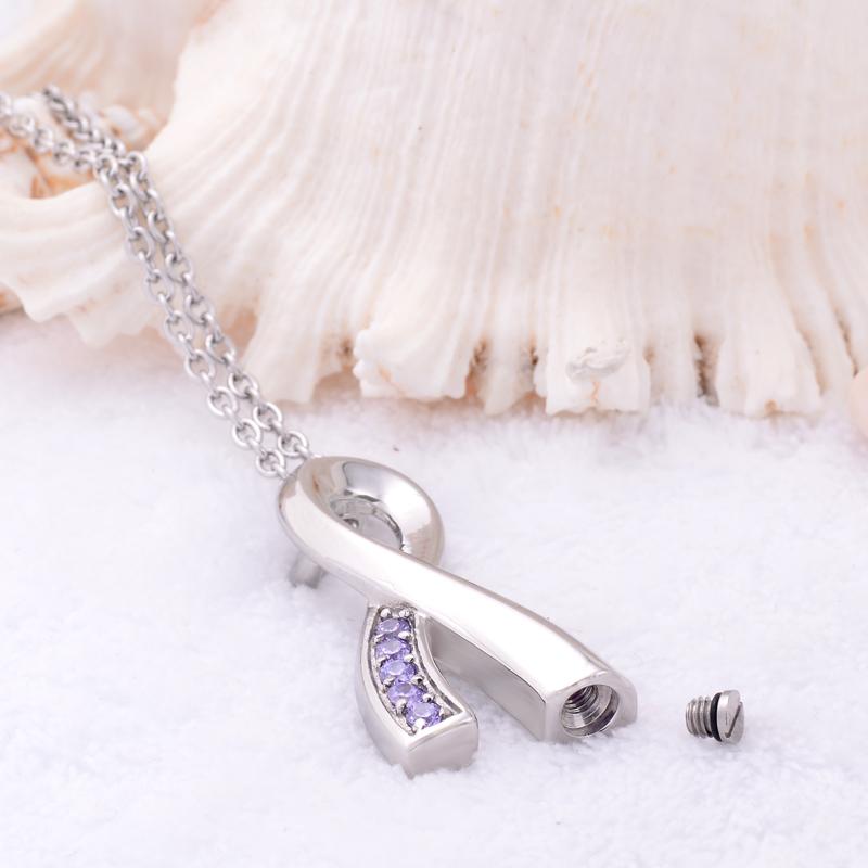 Cremation Necklace - Silver Cancer Ribbon Purple Rhinestone Cremation Urn Necklace