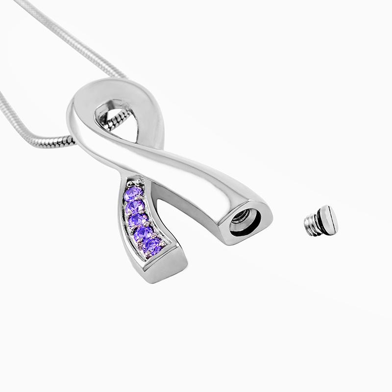 Cremation Necklace - Silver Cancer Ribbon Purple Rhinestone Cremation Urn Necklace