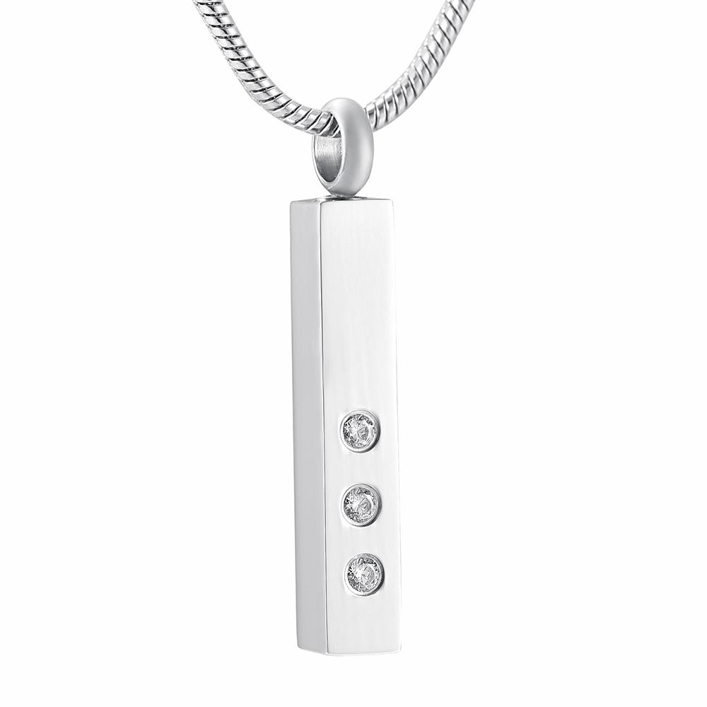 Cremation Necklace - Silver Column With Inlaid Rhinestones Cremation Urn Necklace
