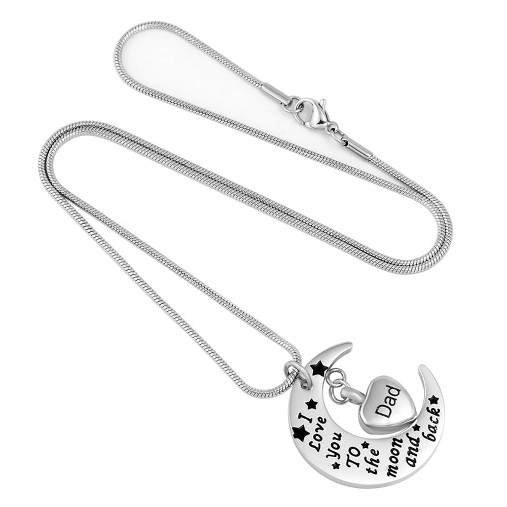 Cremation Necklace - Silver Crescent Moon Etched With 'I Love You To The Moon And Back' Cremation Urn Necklace & Dad Charm