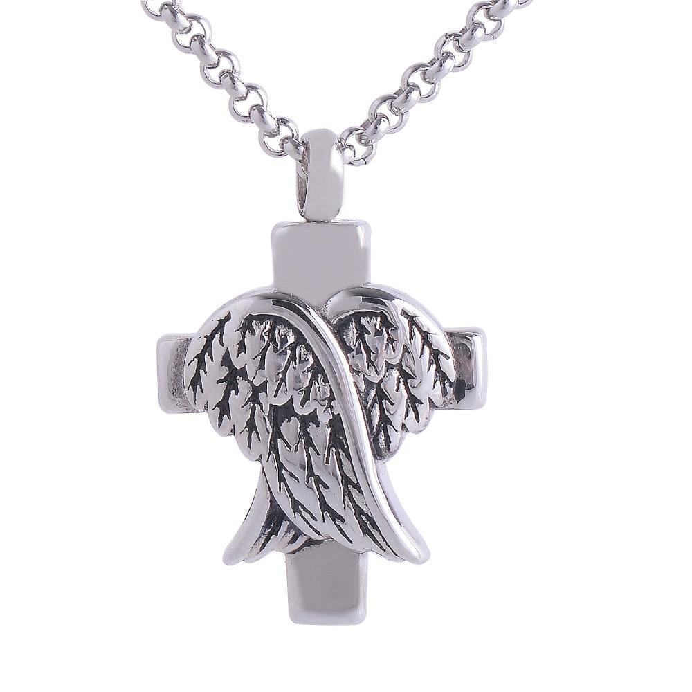 Cremation Necklace - Silver Cross And Angel Wings Cremation Urn Necklace