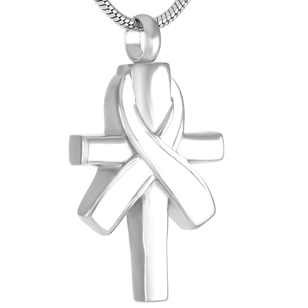 Cremation Necklace - Silver Cross & Ribbon Cremation Urn Necklace