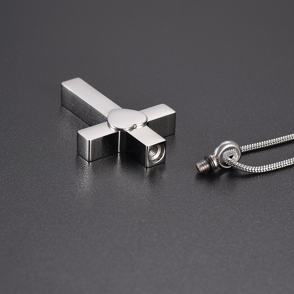 Cremation Necklace - Silver Cross With Heart Cremation Urn Necklace