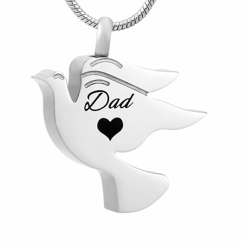 Cremation Necklace - Silver Dove Cremation Urn Necklace Etched "Dad"