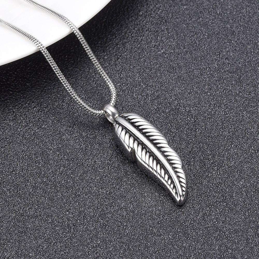 Cremation Necklace - Silver Feather Shaped Cremation Urn Necklace