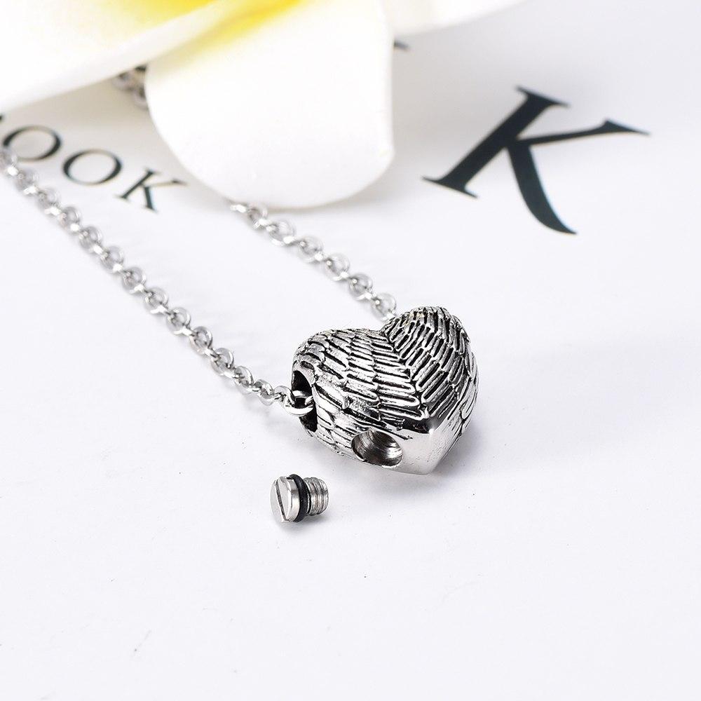 Cremation Necklace - Silver Heart Shaped Angel Wings Cremation Urn Necklace