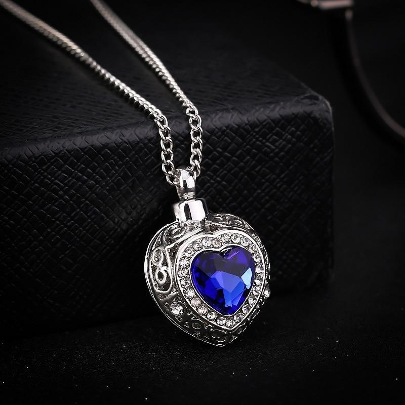 Cremation Necklace - Silver Heart Shaped Cremation Urn Necklace With Rhinestones And Blue Gem