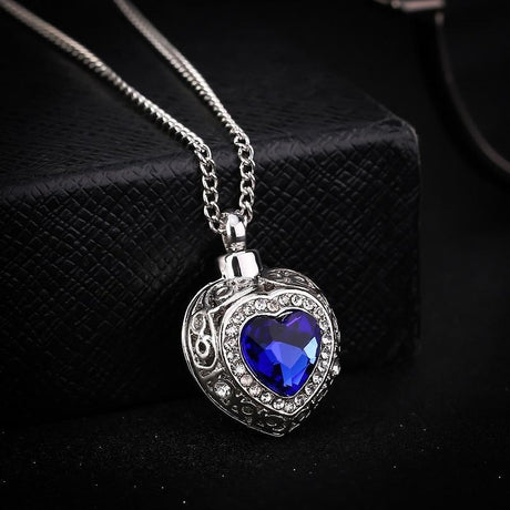 Cremation Necklace - Silver Heart Shaped Cremation Urn Necklace With Rhinestones And Blue Gem