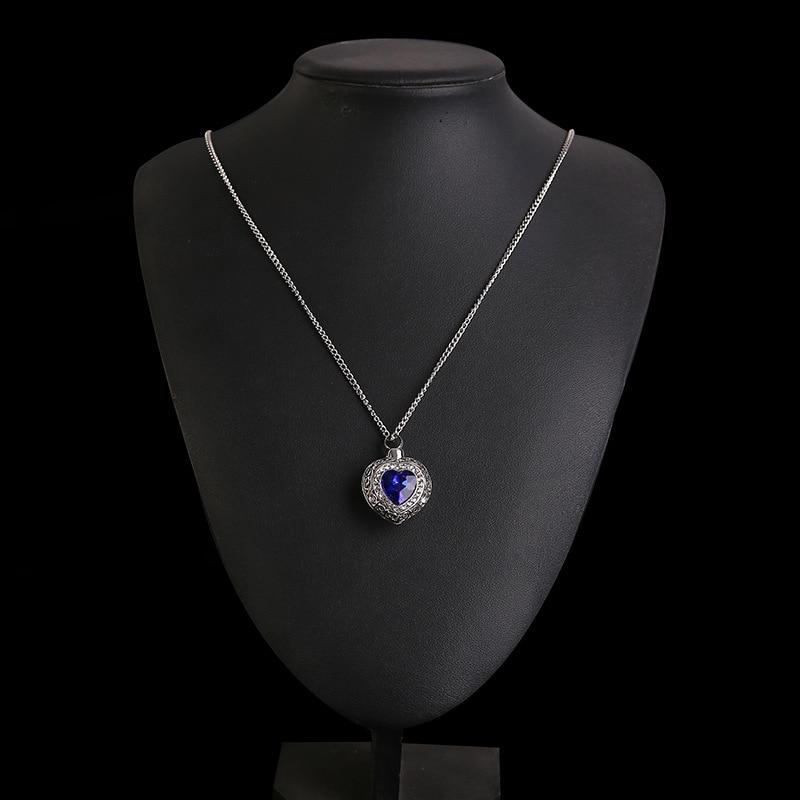 Cremation Necklace - Silver Heart Shaped Cremation Urn Necklace With Rhinestones And Blue Gem
