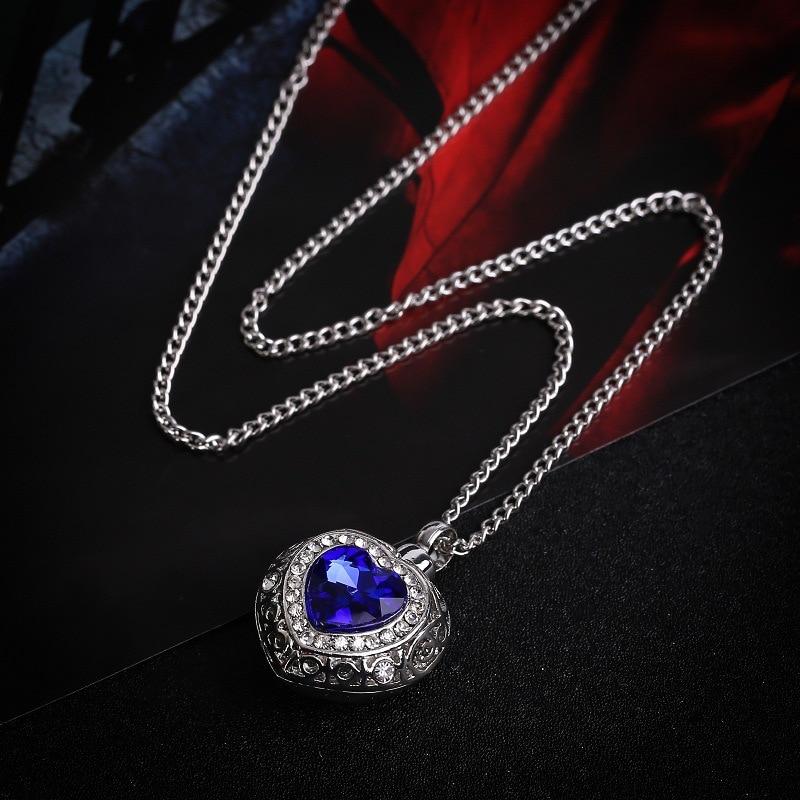 Cremation Necklace - Silver Heart Shaped Cremation Urn Necklace With Rhinestones And Blue Gem
