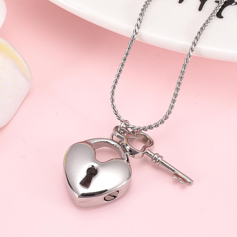 Cremation Necklace - Silver Heart Shaped Lock & Key Charm Cremation Urn Necklace