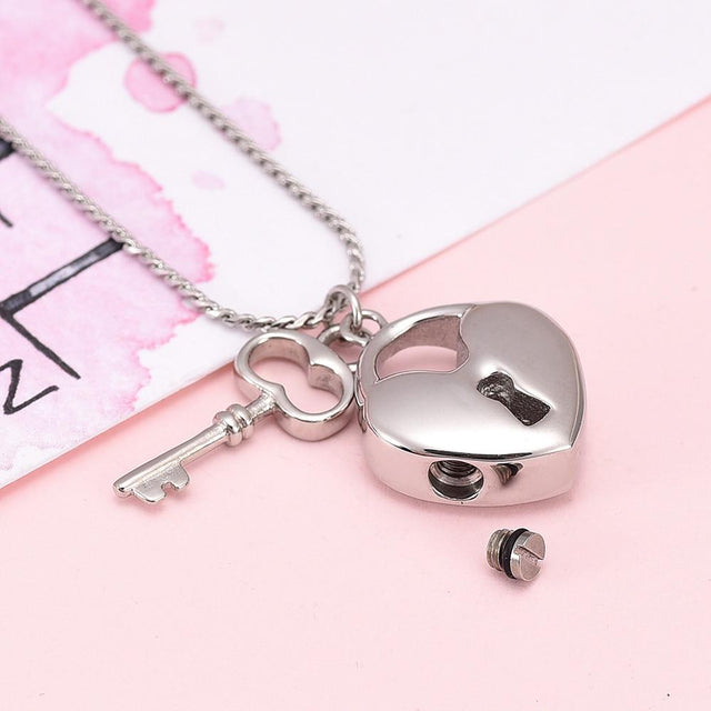 Cremation Necklace - Silver Heart Shaped Lock & Key Charm Cremation Urn Necklace