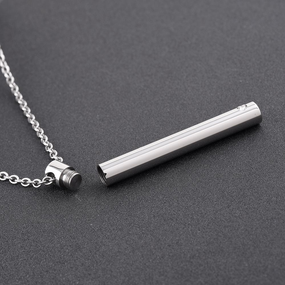 Cremation Necklace - Silver Minimalist Cremation Urn Necklace With Rhinestone Gem