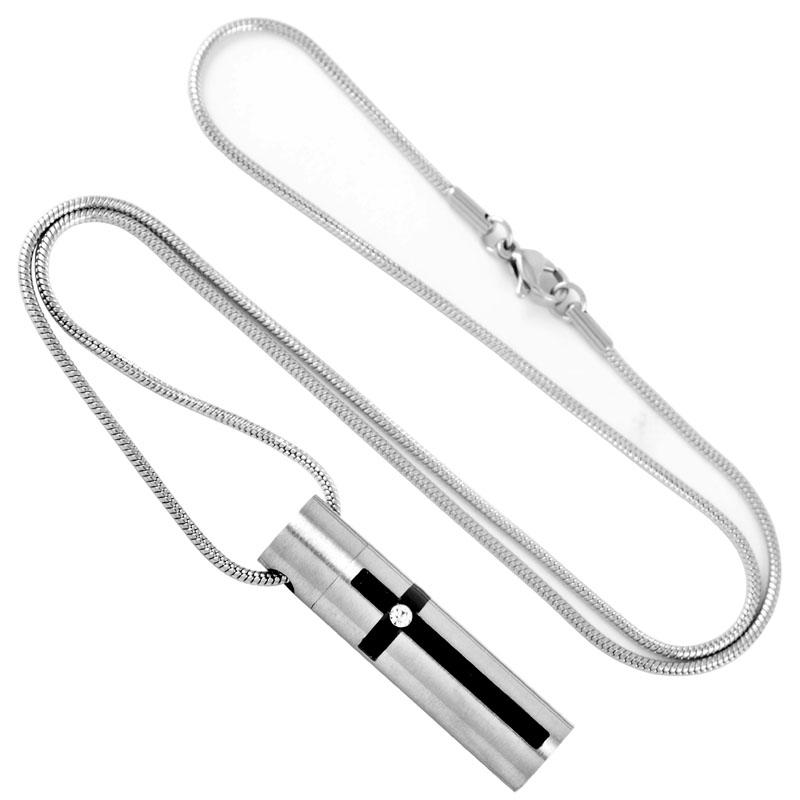 Cremation Necklace - Silver Modern Cross Cylinder Cremation Urn Necklace With Rhinestone
